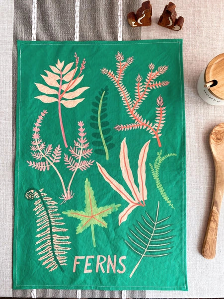 Pink & Green Fern Tea Towel