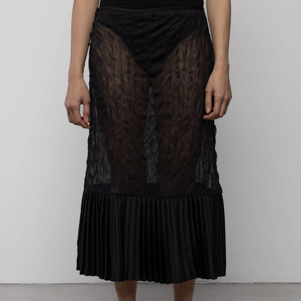 Sheer Crinkle Column Midi Skirt in Black