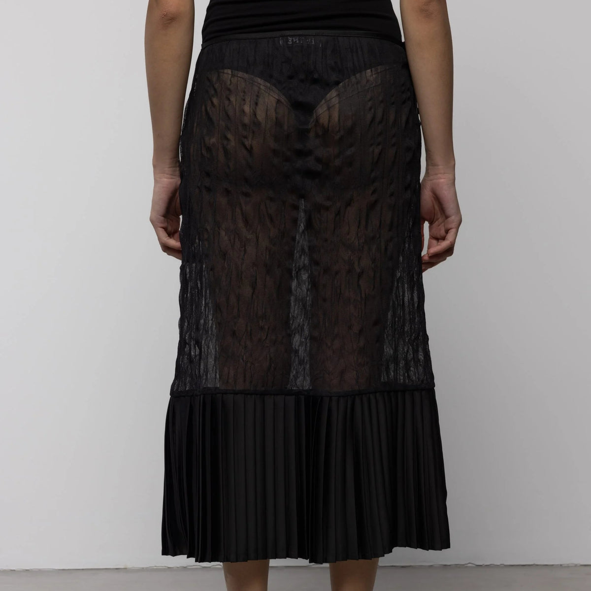 Sheer Crinkle Column Midi Skirt in Black