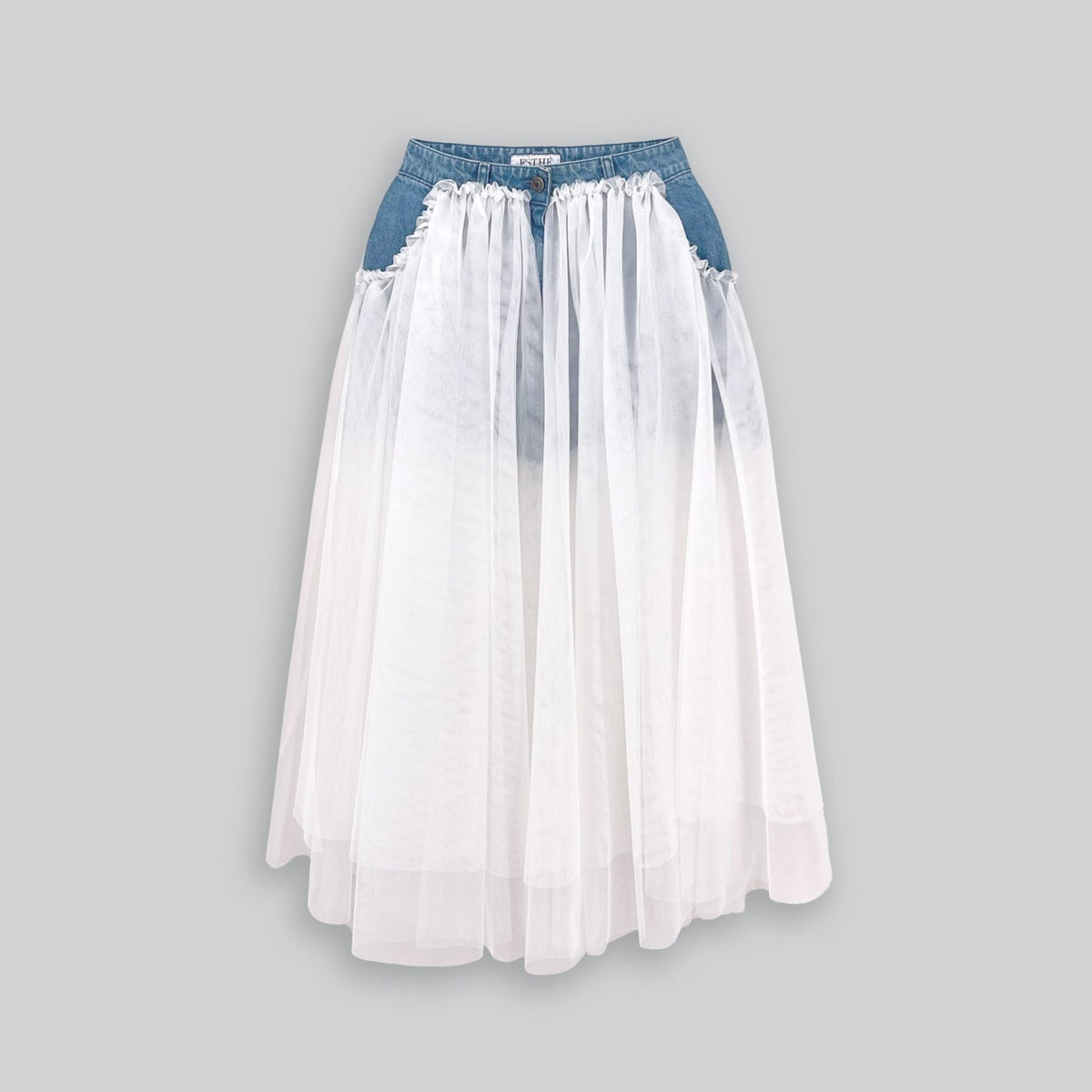 Layered Tulle and Denim Midi Skirt in Blue