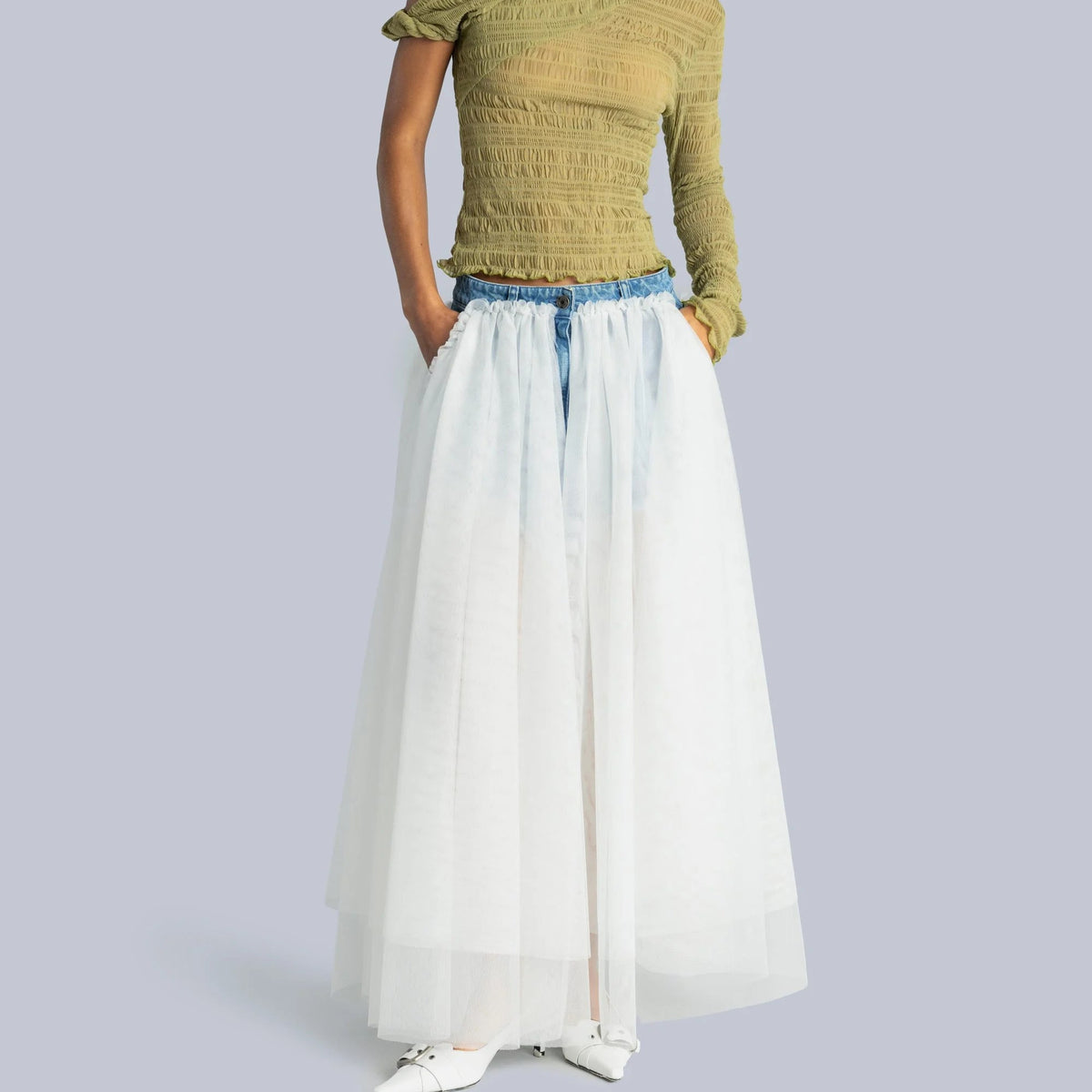 Layered Tulle and Denim Midi Skirt in Blue