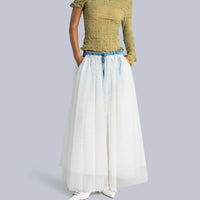 Layered Tulle and Denim Midi Skirt in Blue