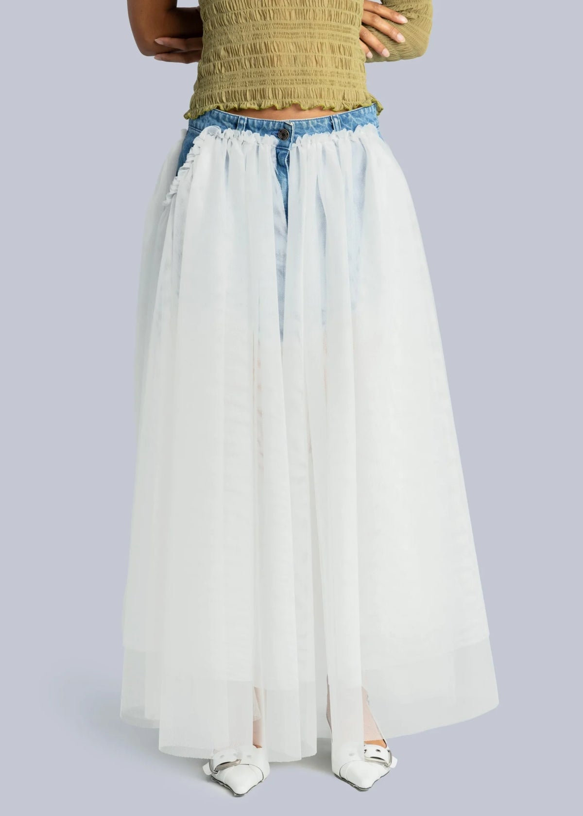 Layered Tulle and Denim Midi Skirt in Blue