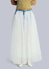 Layered Tulle and Denim Midi Skirt in Blue