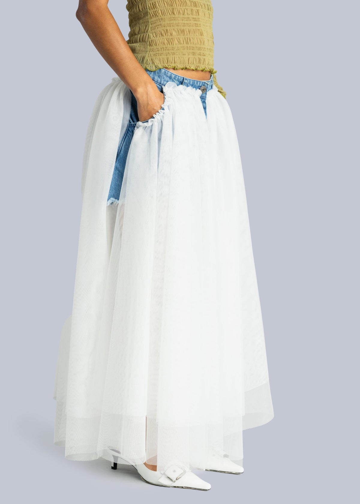 Layered Tulle and Denim Midi Skirt in Blue