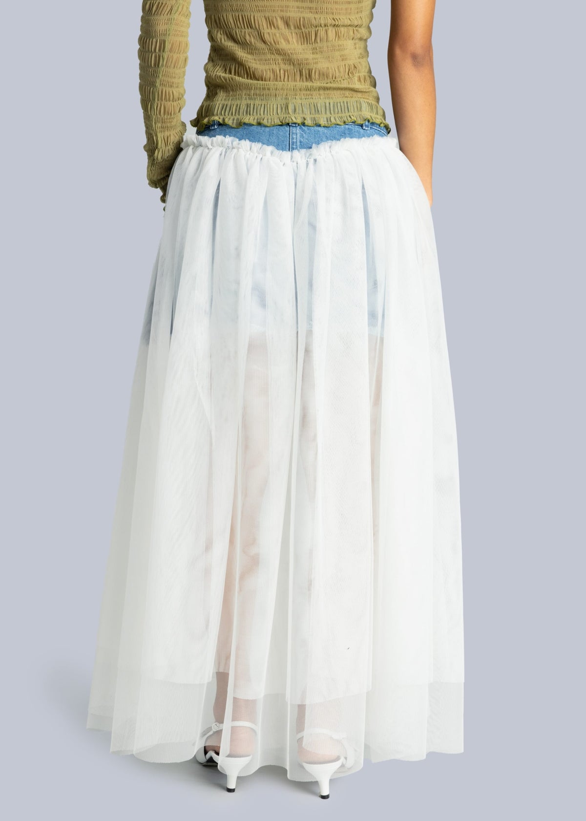 Layered Tulle and Denim Midi Skirt in Blue