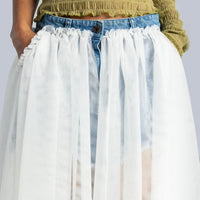 Layered Tulle and Denim Midi Skirt in Blue