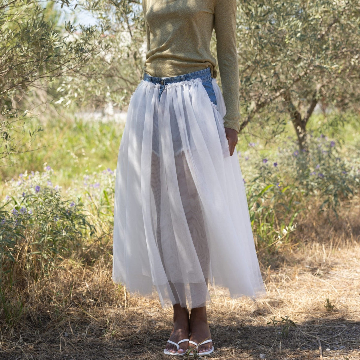 Layered Tulle and Denim Midi Skirt in Blue