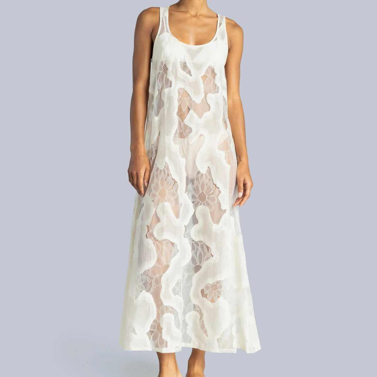 Sheer Lace Slip Dress in Off White