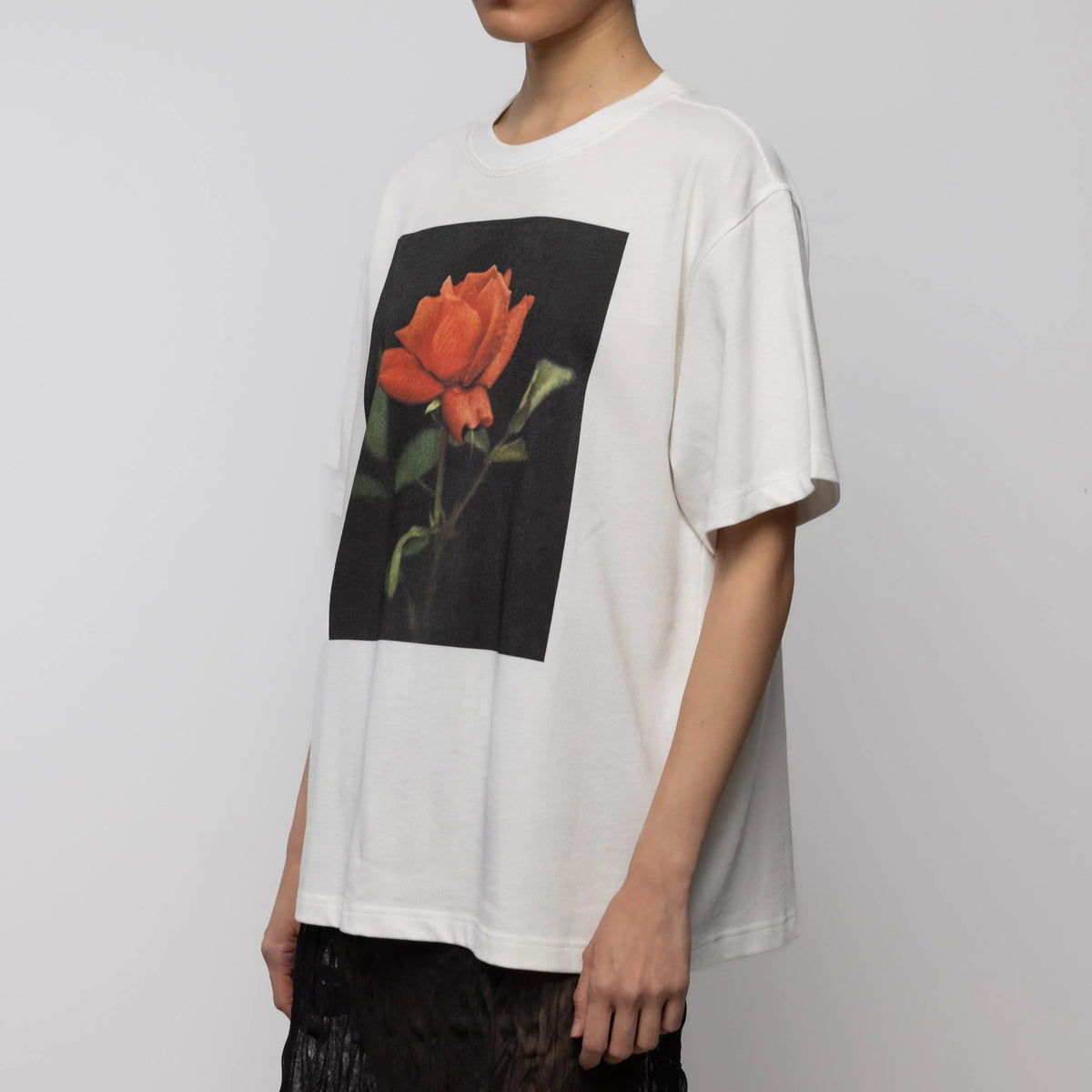 Rose Print Cotton T-Shirt in Off White