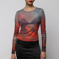 Mesh Long Sleeve Top in Crimsob Dusk Print