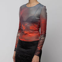 Mesh Long Sleeve Top in Crimsob Dusk Print