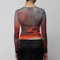 Mesh Long Sleeve Top in Crimsob Dusk Print
