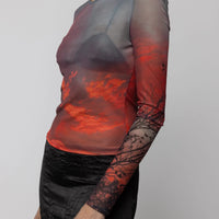 Mesh Long Sleeve Top in Crimsob Dusk Print