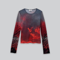 Mesh Long Sleeve Top in Crimsob Dusk Print