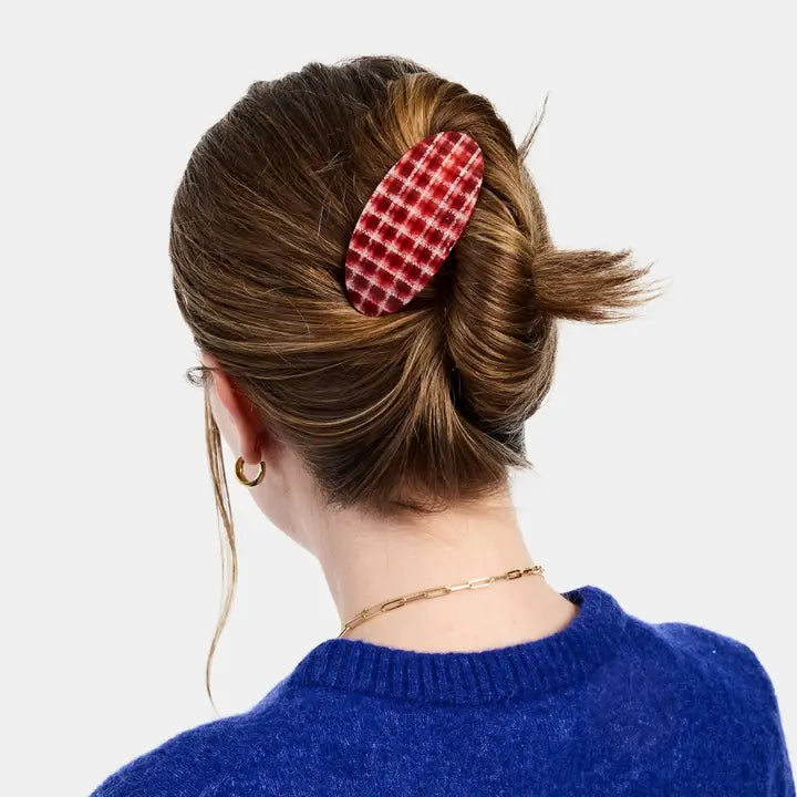 Oval Barrette in Red Plaid