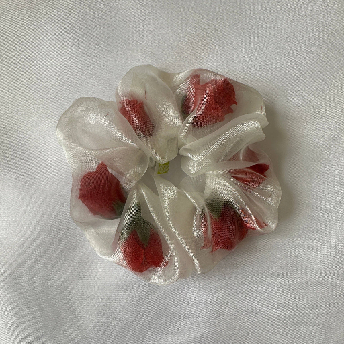 Mini Sheer Rose Stuffed Scrunchie in Ivory / red