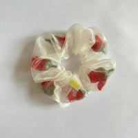 Mini Sheer Rose Stuffed Scrunchie in  Ivory / red