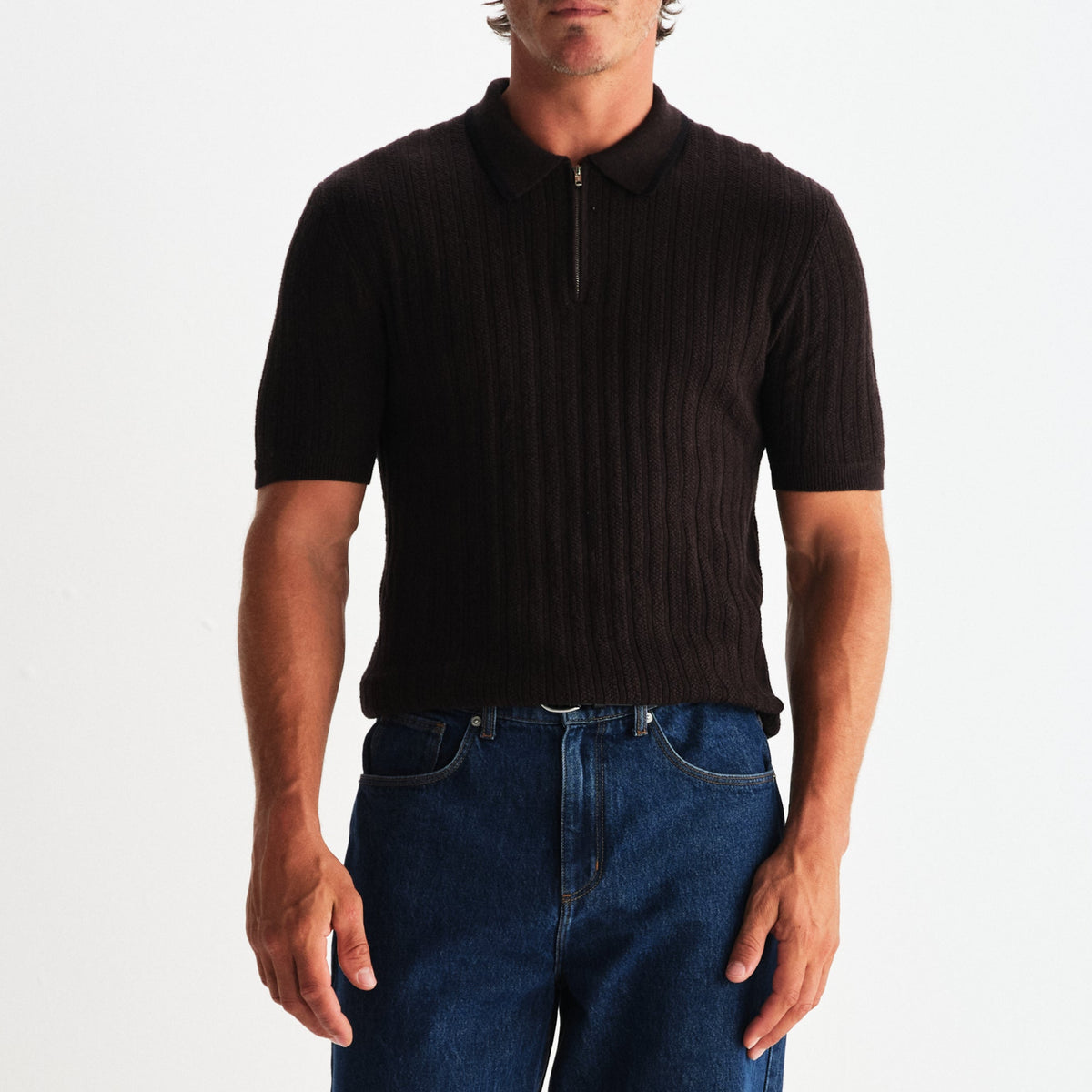 Bury Zip Polo in Dark Brown