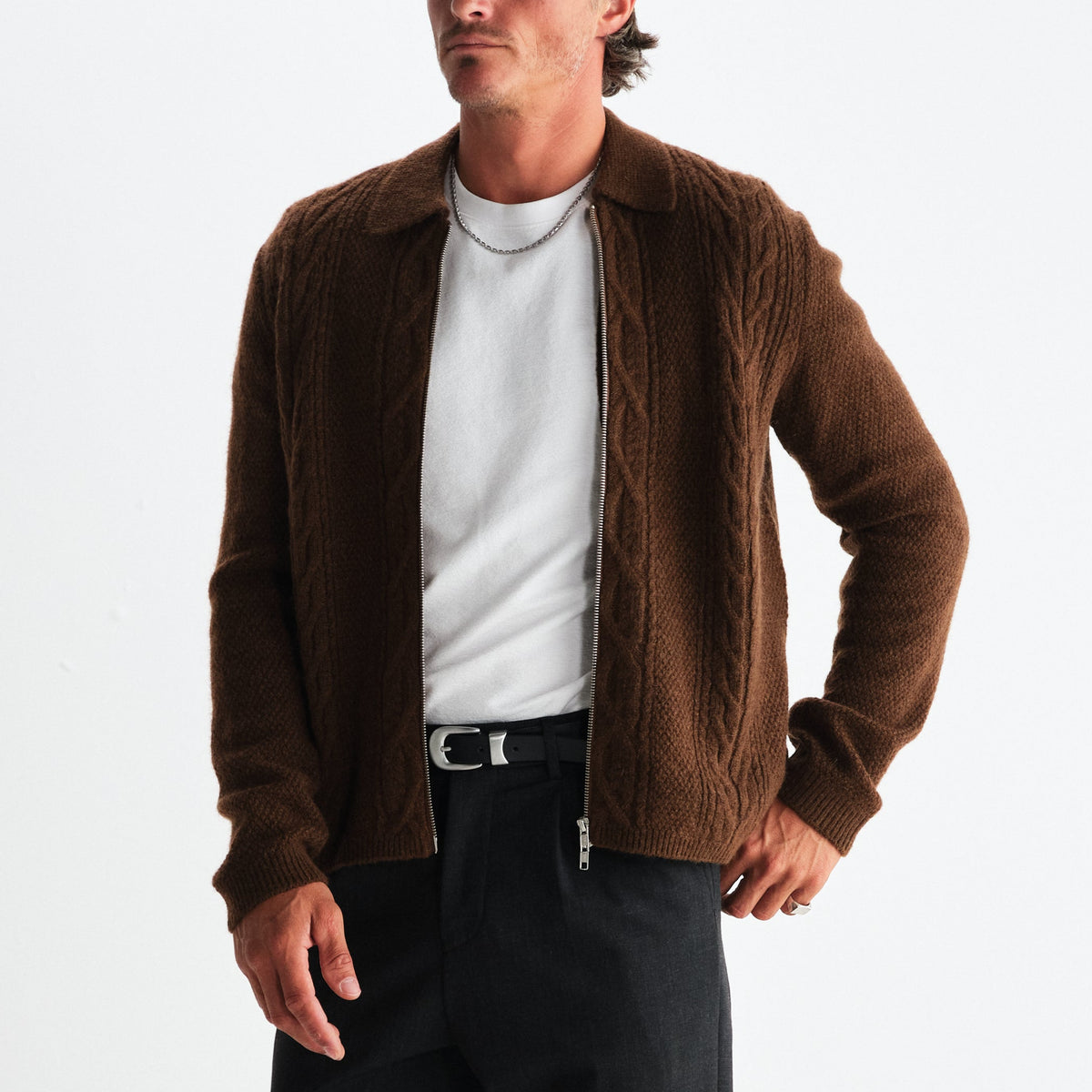 Friar Zip Knit Jacket in Brown
