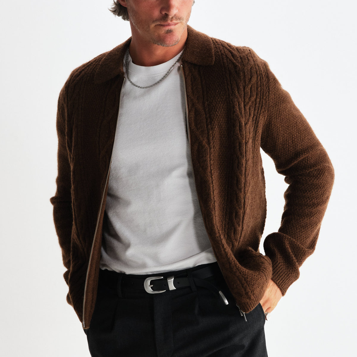 Friar Zip Knit Jacket in Brown