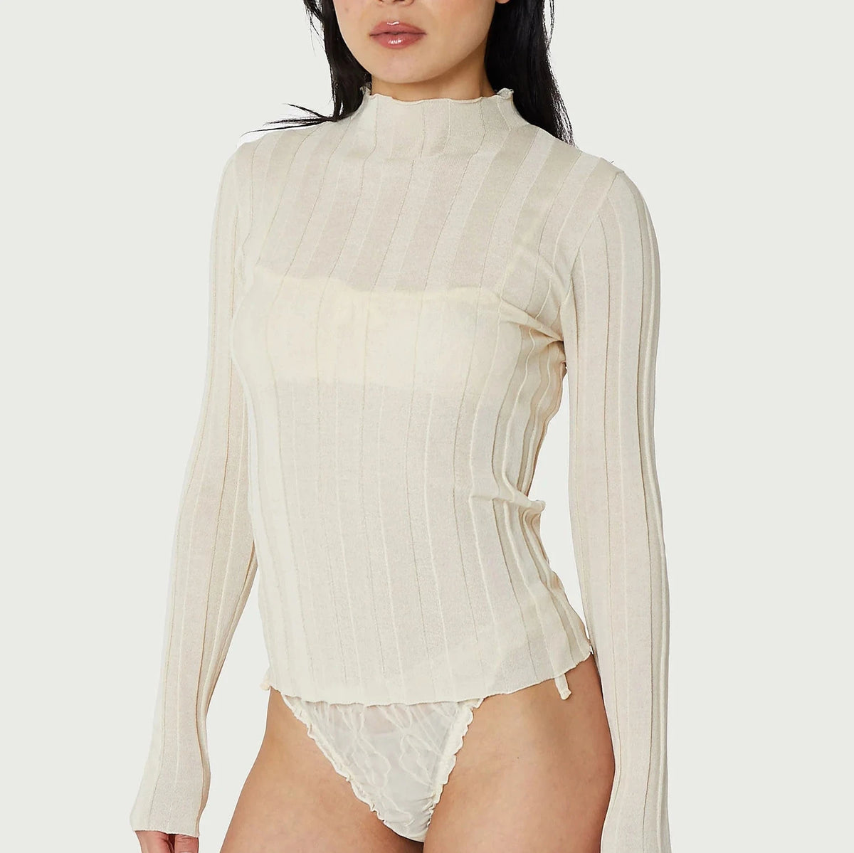 Wide Ribbed Knit Mock Neck in Ecru