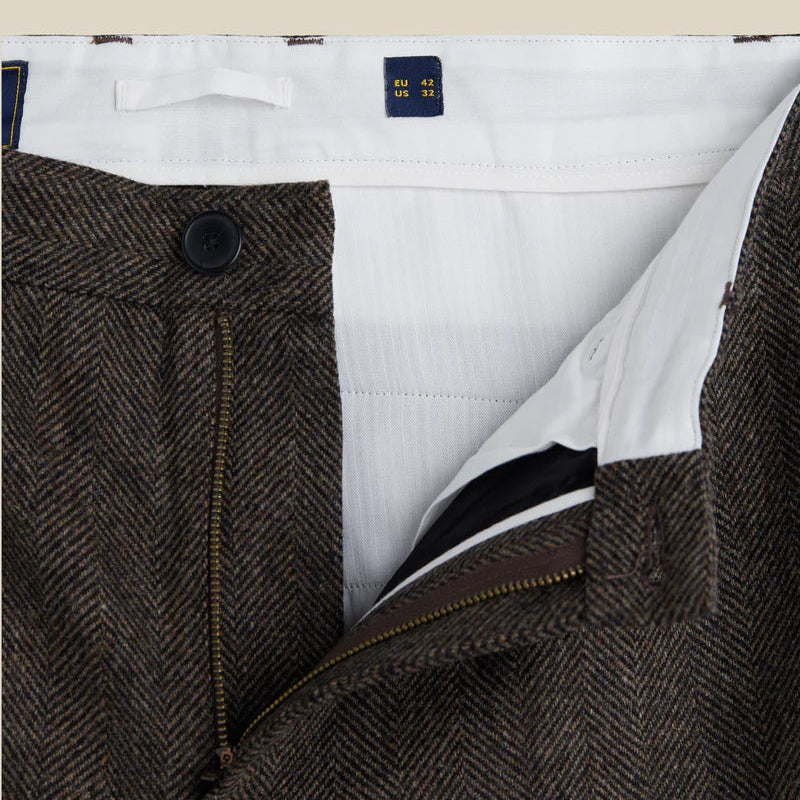 Single Pleat Herringbone Trousers in Brown
