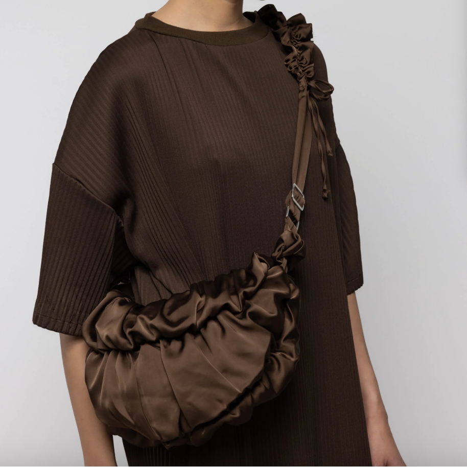 Ruffle Satin Crossbody Bag in Brown