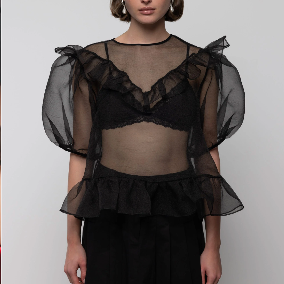 Organza Balloon Sleeve Top in Black