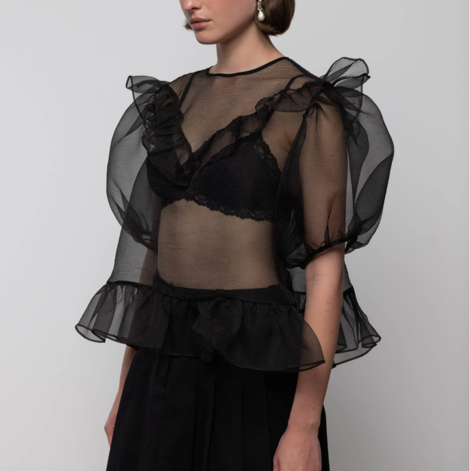 Organza Balloon Sleeve Top in Black