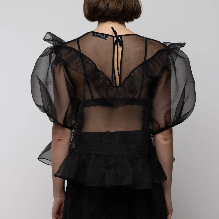 Organza Balloon Sleeve Top in Black