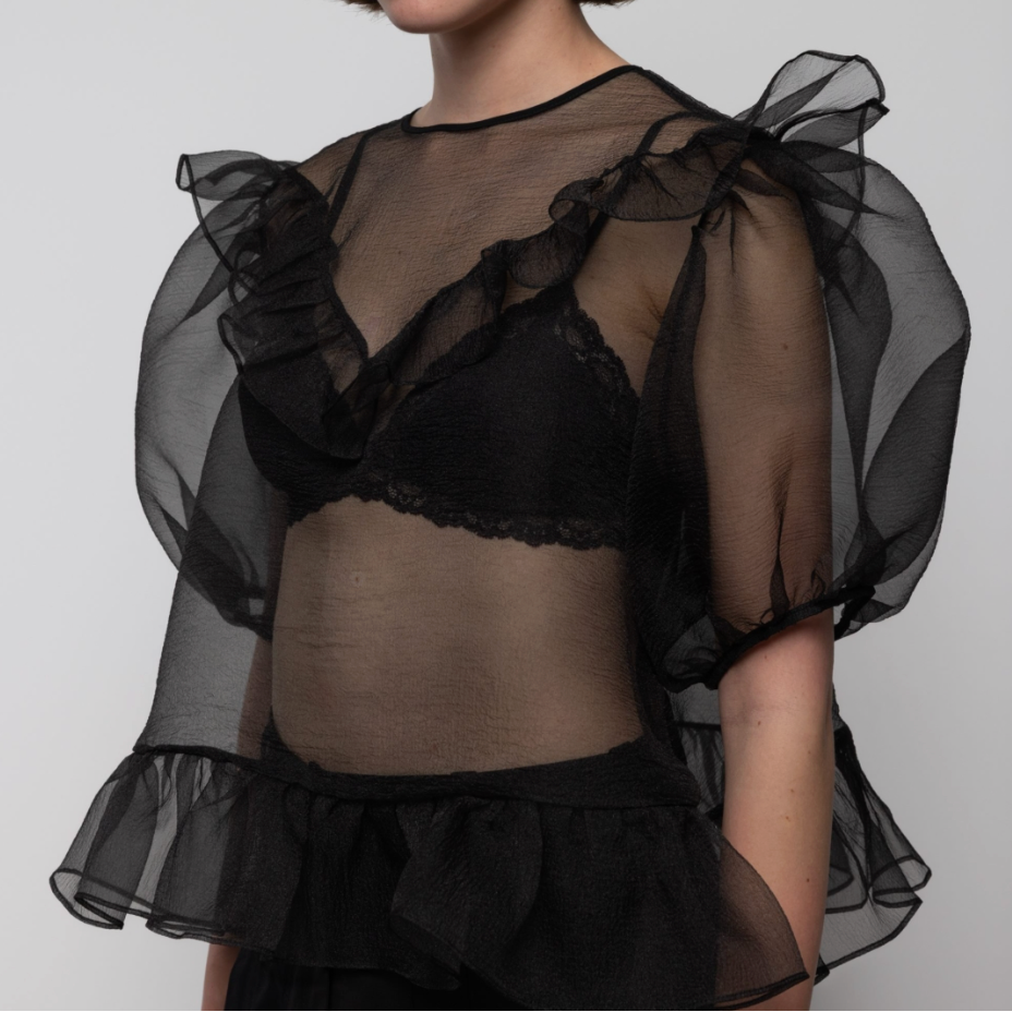 Organza Balloon Sleeve Top in Black