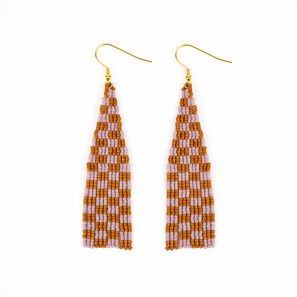 Delica Checkerboard Fringe Earrings - Lilac Clay