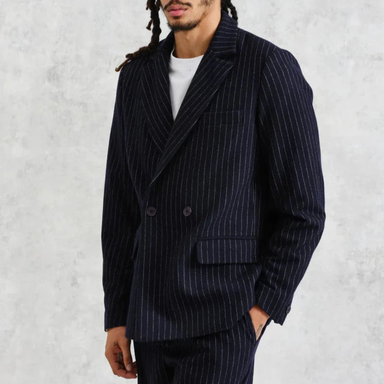 Gekko Blazer in Navy Pinstripe Wool