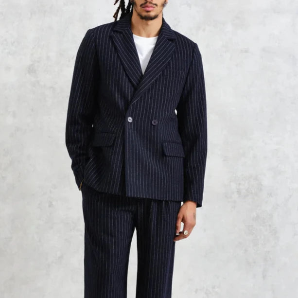 Gekko Blazer in Navy Pinstripe Wool