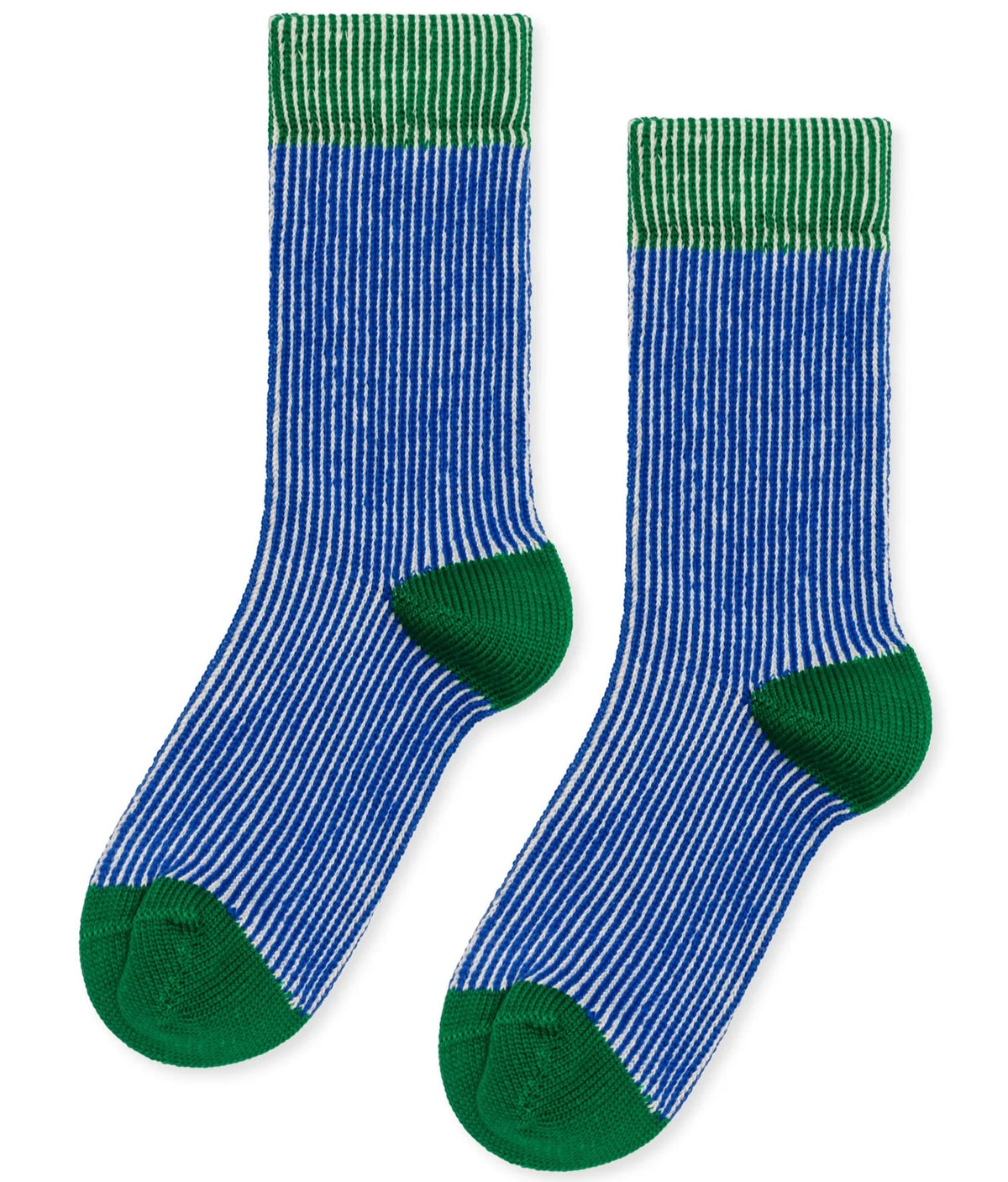 Pair of blue and green striped socks on a white background