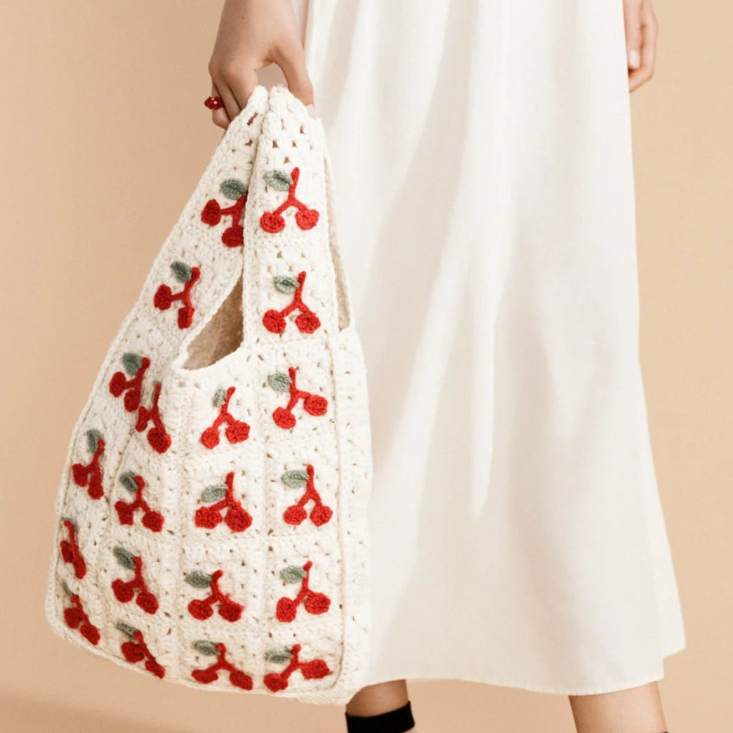 Cherries Crochet Shopper Bag in Ivory