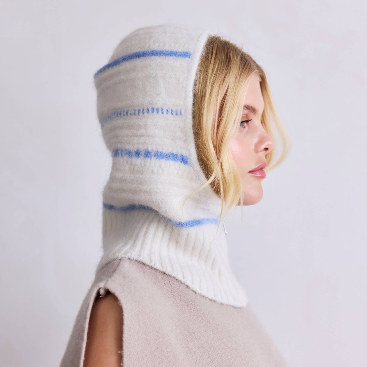 The Alpaca Balaclava with Zip in White/Sky Blue