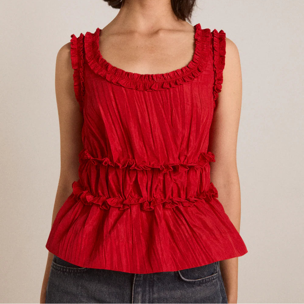 Everly Ruffle Blouse in Red Tafetta