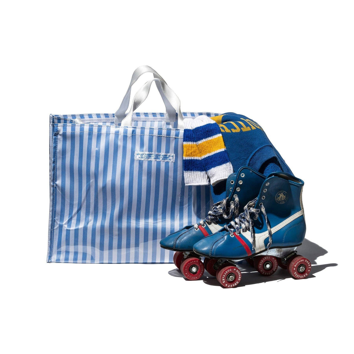 Covered School Tie Fabric Market Bag in Light Blue x White