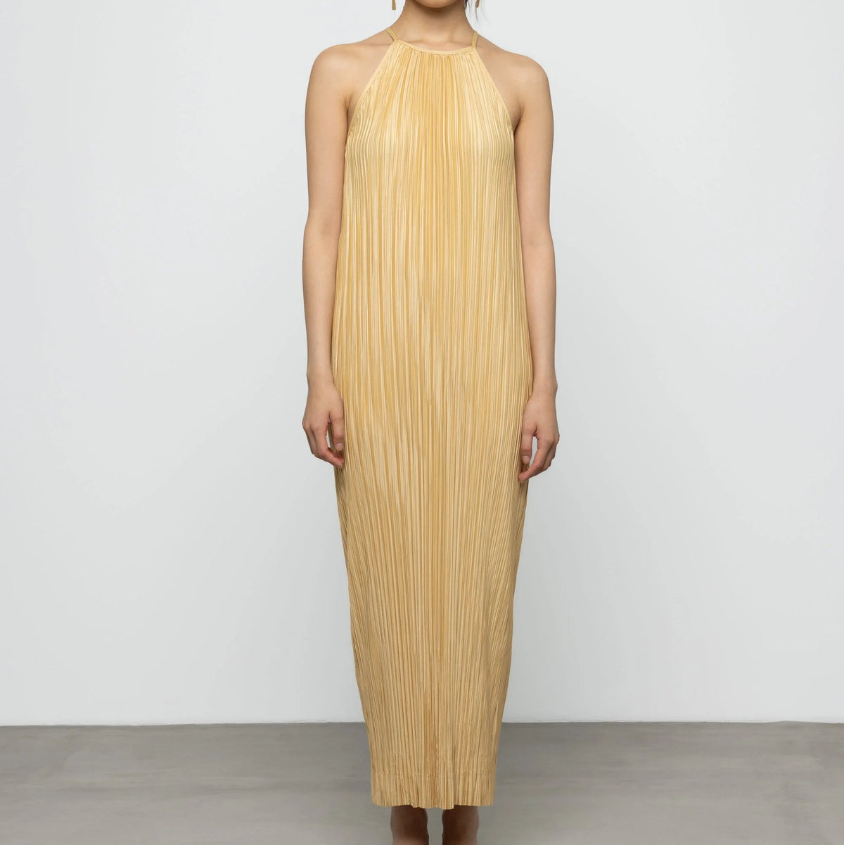 Pleated Halter Maxi Dress in Yellow