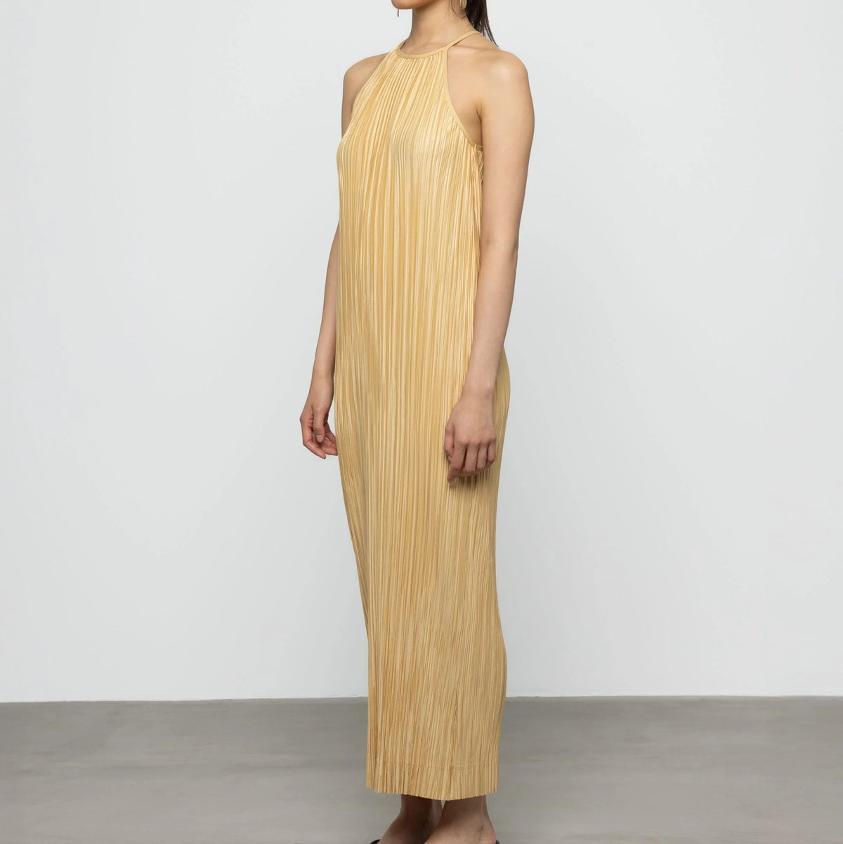 Pleated Halter Maxi Dress in Yellow