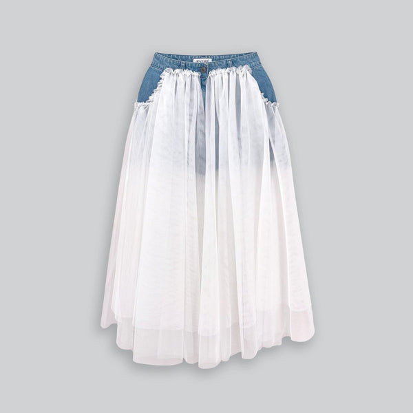 Layered Tulle and Denim Midi Skirt in Blue