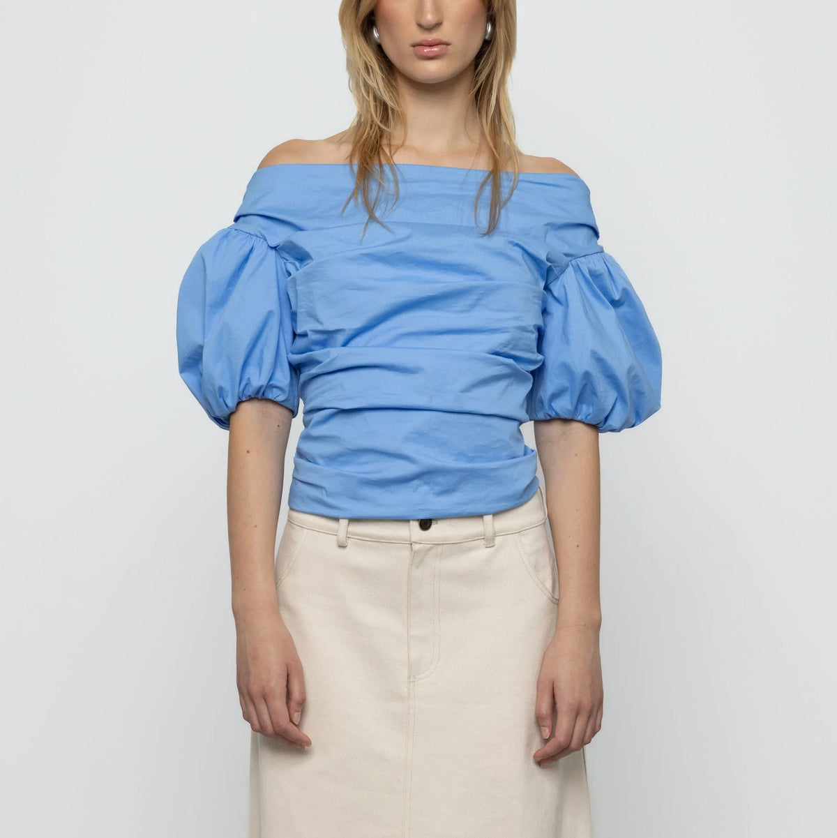 Off-Shoulder Balloon Sleeve Top in Blue