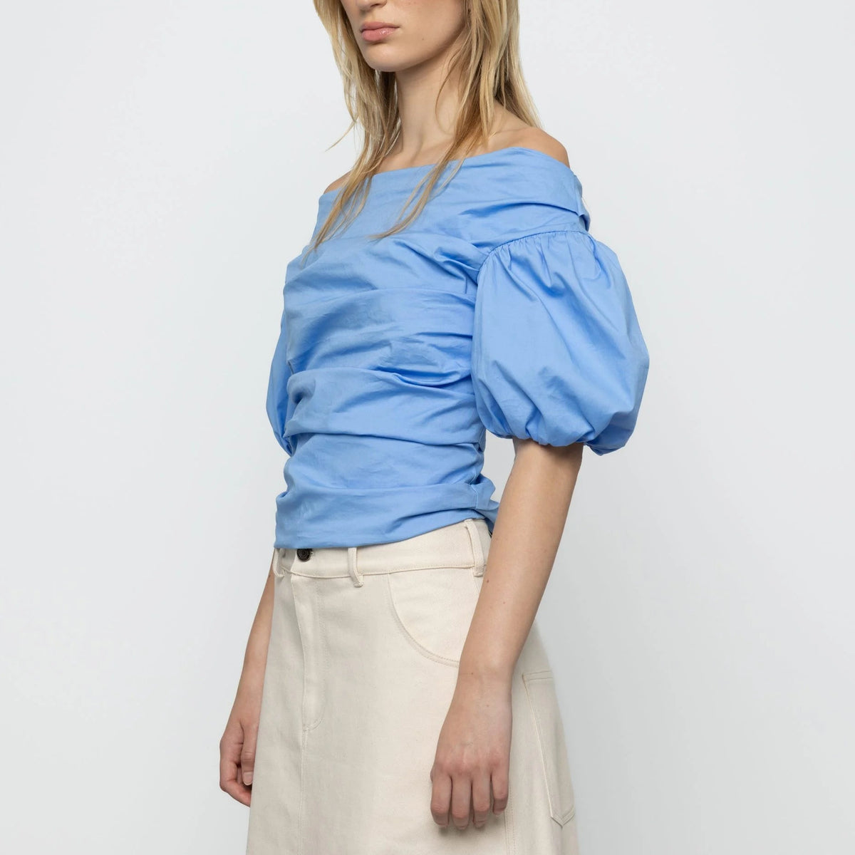 Off-Shoulder Balloon Sleeve Top in Blue