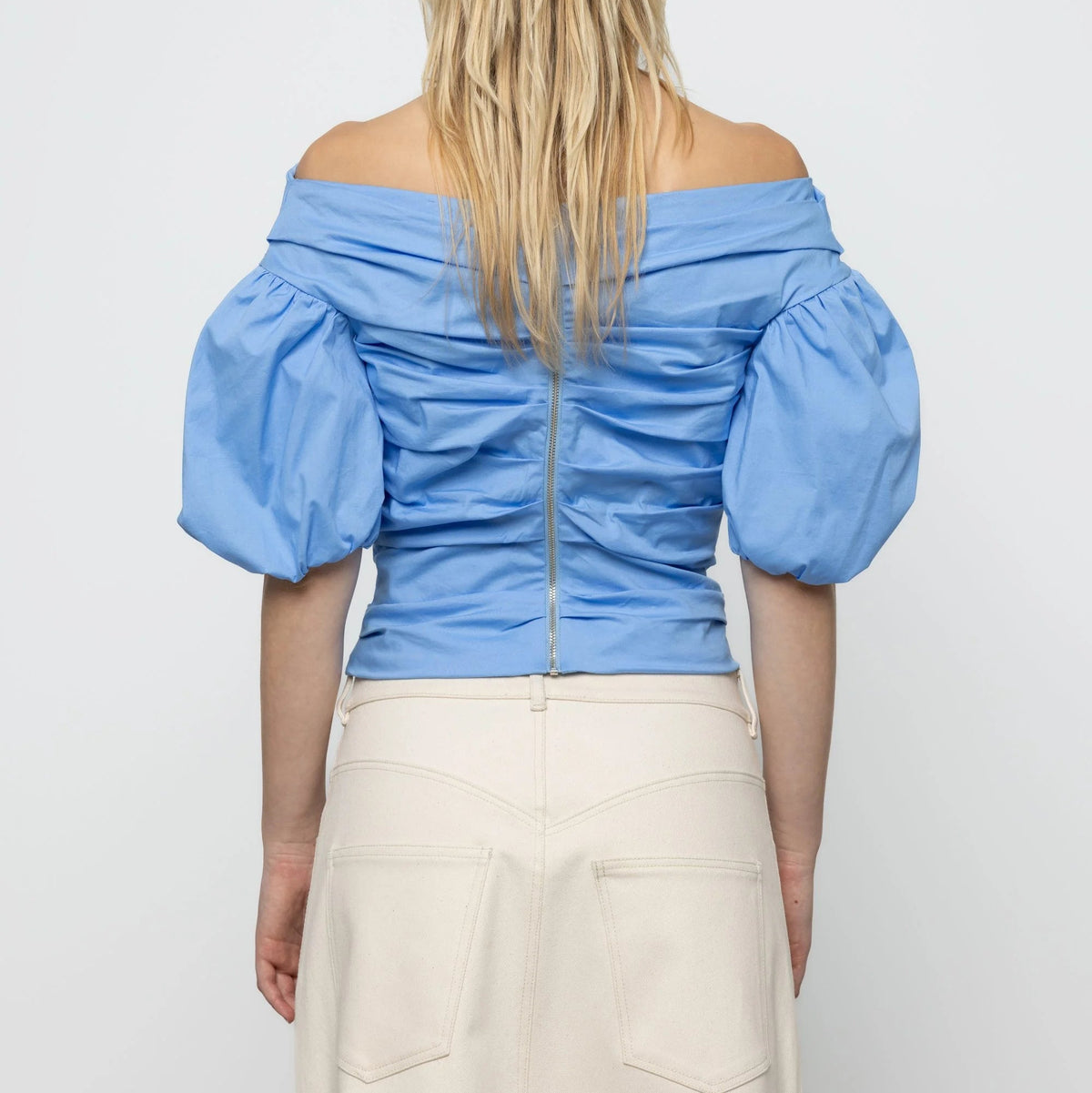 Off-Shoulder Balloon Sleeve Top in Blue