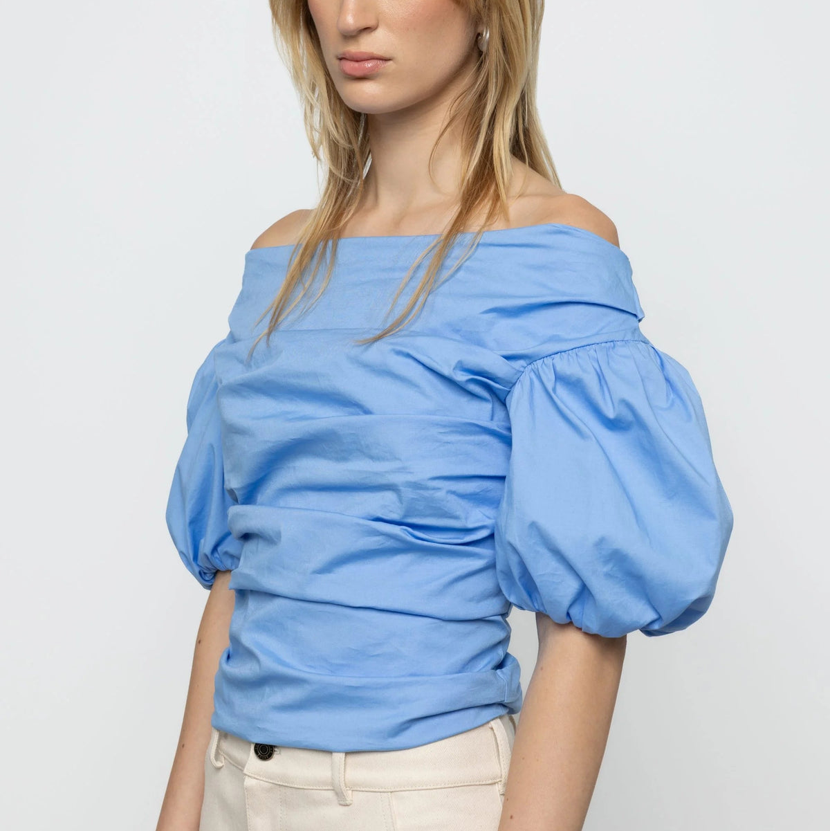 Off-Shoulder Balloon Sleeve Top in Blue