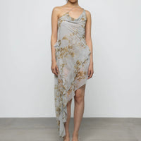 Asymmetric Ruffle Floral Dress in Butterscotch