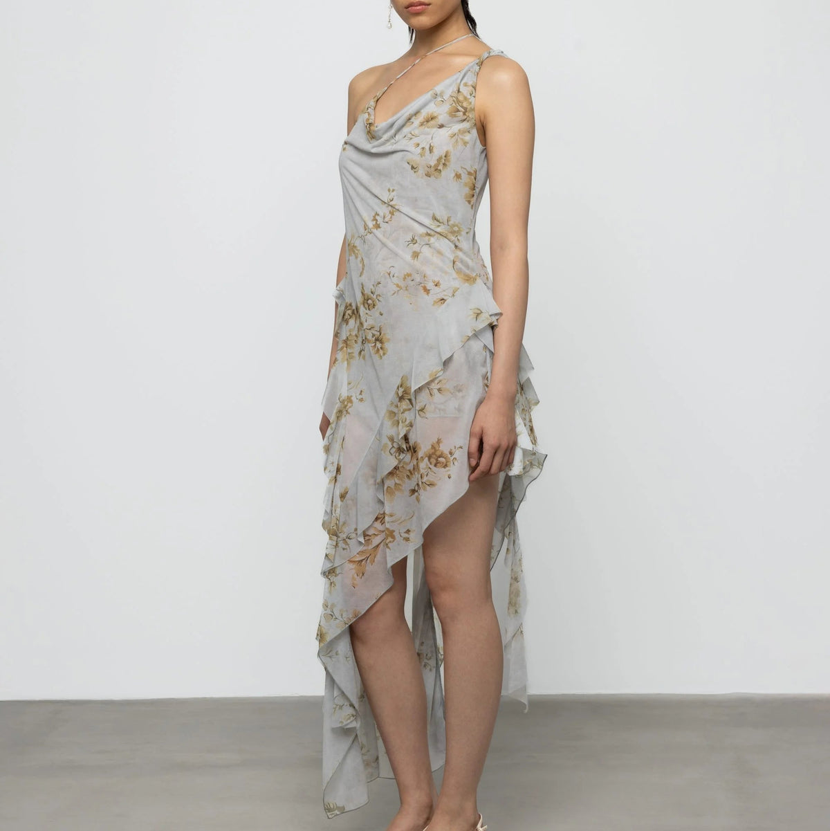 Asymmetric Ruffle Floral Dress in Butterscotch