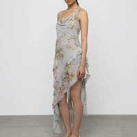 Asymmetric Ruffle Floral Dress in Butterscotch